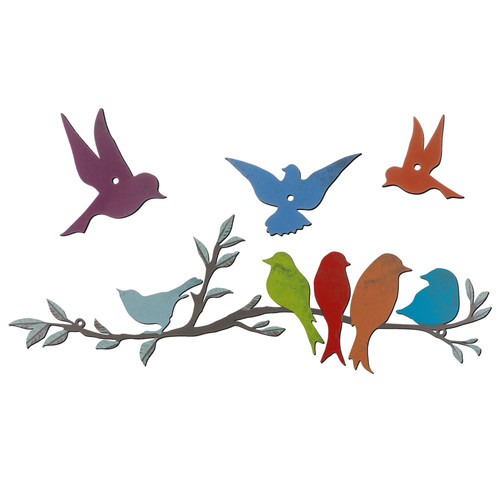 Ferraycle Metal Bird Wall Art Birds on the Branch Wall Decor Leaves with Birds Metal Sculpture Bird Silhouette Metal Ornament Branch Wall Hanging Sign for Balcony Garden Decor (Bright Colors)