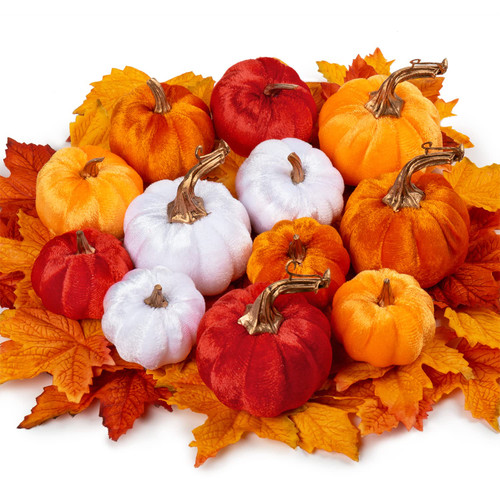 DILATATA 12 Pcs Assorted Artificial Pumpkins with 24pcs Maple Leaves Velvet Pumpkins Mini Fake Pumpkins for Fall Decor Halloween Thanksgiving Decor Table Centerpiece Mantel Decor DILATATA 12 Pcs Assorted Artificial Pumpkins with 24pcs Maple Leaves Velvet Pumpkins Mini Fake Pumpkins for Fall Decor Halloween Thanksgiving Decor Table Centerpiece Mantel Decor
