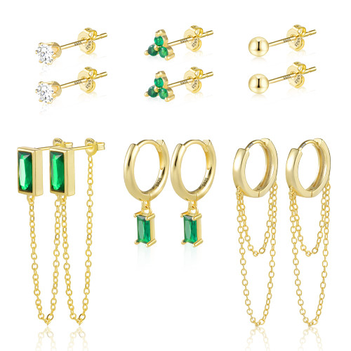 6 Pairs Earring Sets for Multiple Piercing | 14K Gold Plated Sterling Silver Studs Earrings and Hoop Earrings Set Small Huggie Hoop Chain Earrings Set for Women Girls