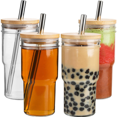 Rantonly 4Pack Glass Glasses Tumbler Cups with Bamboo Lids and Straws, 22oz Wide Mouth Boba Tea Cup-Reusable Mason Jars Drinking