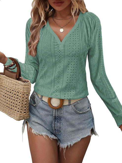 Womens Fall Fashion 2023 Long Sleeve Shirts for Women Tops Tunic V Neck Sweatshirt Dressy Casual Blouses Loose Fitting Tees Cyan X-Large