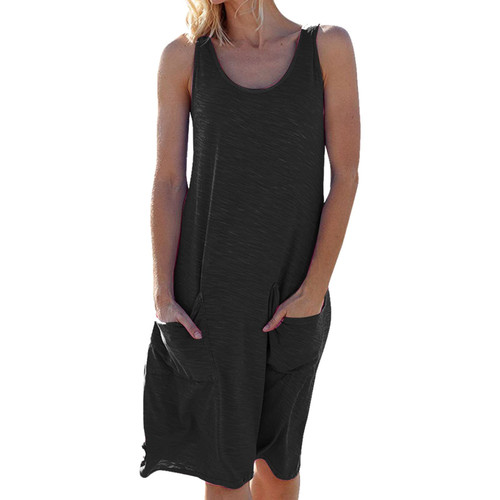 Cute Summer Dresses for Women Crew Neck Solid Colour Sleeveless Knit Casual Vest Dress Pocket Dress Black