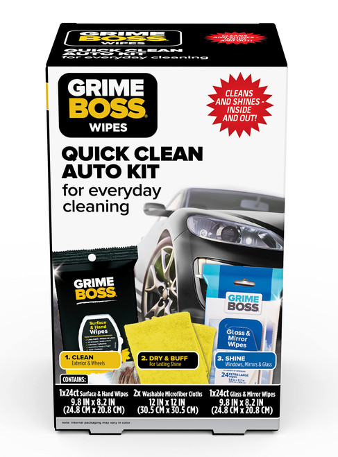 Grime Boss Car Cleaning Auto Kit | Features Heavy Duty Hand & Surface Wipes, Microfiber Cloths, and Glass & Mirror Wipes Grime Boss Car Cleaning Auto Kit | Features Heavy Duty Hand & Surface Wipes, Microfiber Cloths, and Glass & Mirror Wipes
