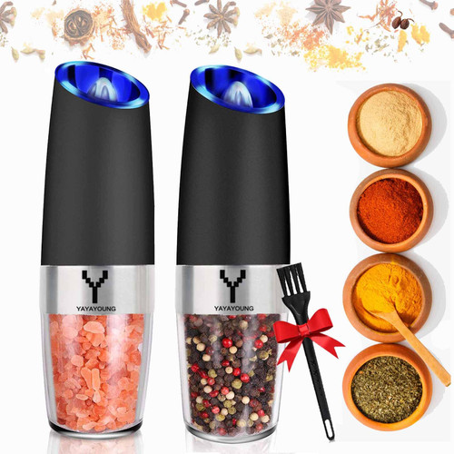 YAYAYOUNG Gravity Electric Grinder set of 2, Automatic Pepper and Salt Mill Grinder with Blue LED LIGHT,Electric Pepper Mill with Adjustable Coarseness,Refillable,salt and pepper shaker,pepper grinder