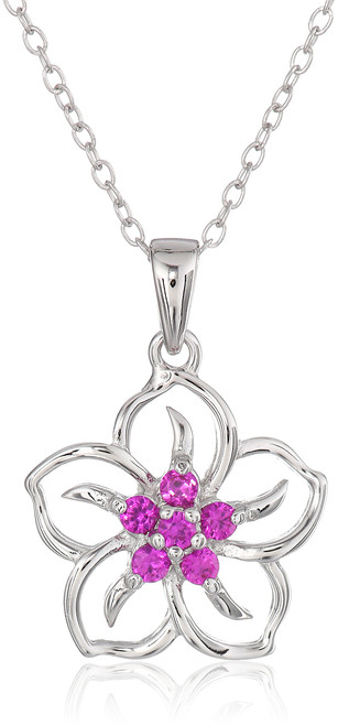 Amazon Collection Sterling Silver Created Ruby Flower Pendant Necklace, 18"