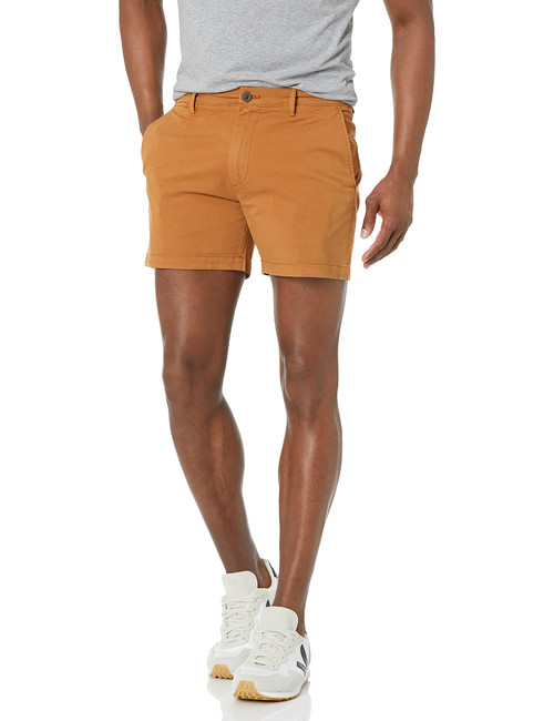 Amazon Essentials Men's Slim-Fit 5" Flat-Front Comfort Stretch Chino Short (Previously Goodthreads), Tobacco Brown, 28