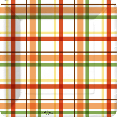 Fall Paper Plates and Classic Thanksgiving Paper Plates 7 Inch Dessert Plates, Decorative Disposable Plates, Rustic Green and Orange Plaid, Pak of 16