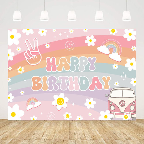 Ticuenicoa 7x5ft Groovy Happy Birthday Backdrop for Girl Rainbow Hippie Boho Birthday Photography Background Princess Bday Party Decorations 70s Daisy Flower Photo Studio Booth Props Banner