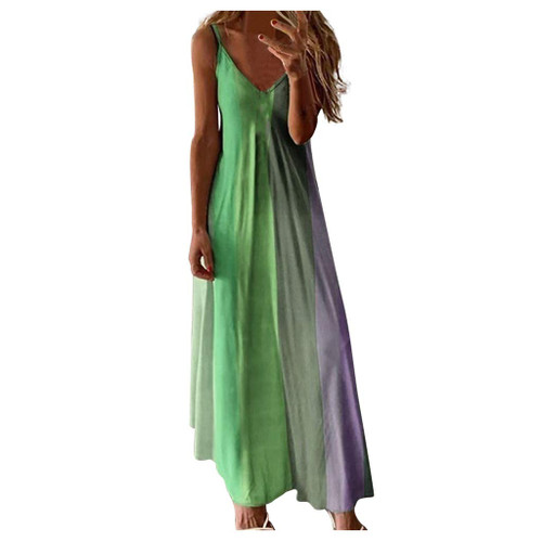 Cnebo Women Summer Boho Maxi Dress Sleeveless Ruffle Sleeve Colorblock Solid Dresses Flowy Maxi Dresses Green