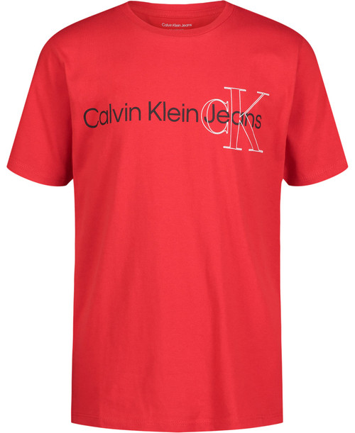 Calvin Klein Boys' Short Sleeve Logo Crew Neck T-Shirt, Soft, Comfortable, Relaxed Fit, Double Logo Racing Red, 14-16