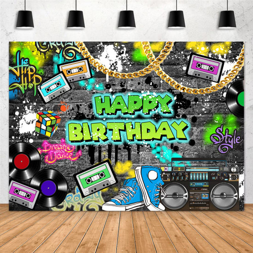 Aperturee Graffiti 80's 90's Happy Birthday Backdrop 7x5ft Urban Retro Hip Hop Recorder Disco Rock Photograpy Background Gold Chain Glasses Cartridge Tape Party Decoration Banner Photo Booth Props