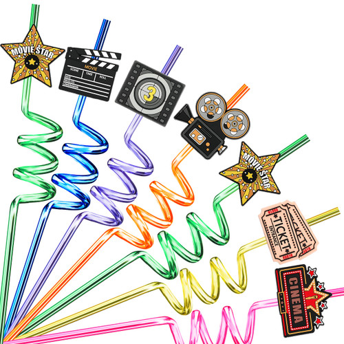 Movie Night Party Favors Movie Night Straws 24pcs Movie Night Party Decorations Supplies Movie Night Plastic Crazy Straws for Hollywood Party, Movie Theme Birthday Party Decorations