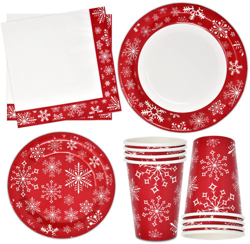 Christmas Snowflakes Party Supplies Tableware Set 24 9" Dinner Plates 24 7" Plate 24 9 Oz Cup 24 Lunch Napkin for Holiday Xmas Red and White Snowflake Disposable Paper Dinnerware Table Decorations