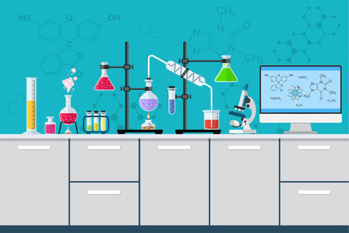 BELECO Chemical Science Birthday Party Backdrop 7x5ft Fabric Cartoon Chemistry Lab Equipment Science Research Background for Kids Science Party Decorations Mad Scientist Party Banner Photo Props