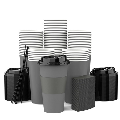 Clawsoff 60 Count 12 oz Disposable Paper Coffee Cups with Lids, Sleeves and Stirring Sticks - To Go Coffee Cups for Hot & Cold Beverage