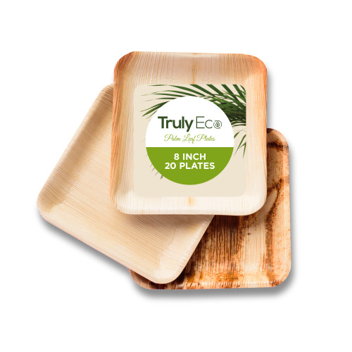 TRULY ECO Palm Leaf Plates - Like Bamboo Plates Disposable - Compostable, Biodegradable & Eco Friendly - Appetizer & Dessert Plates for Party - Better Than Paper Plates (20,8" Square Plates)