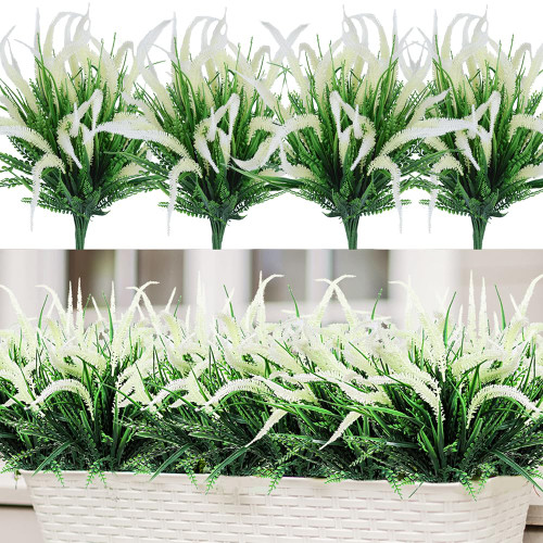 CLONG 8pcs Artificial Flowers for Outdoor Plants Faux Plastic Plant Fake Flower UV Resistant Plants(White Setaria)