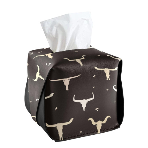 CaTaKu Tissue Box Cover Square Cow Skulls Western Tissue Box Holder for Bathroom, PU Leather Facial Kleenex Tissue Box Cube for Car Office