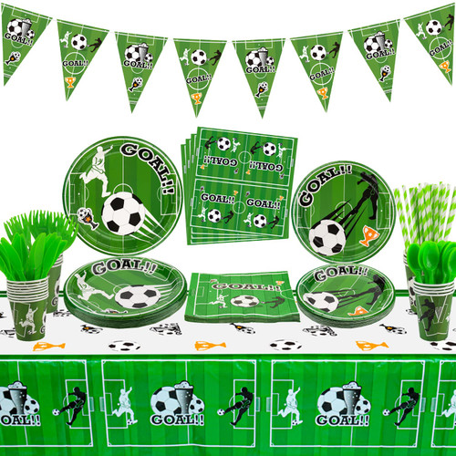 Soccer Party Supplies - Includes Soccer Banner, Plates, Napkins, Cup, Tablecloth, Knives, Fork, Spoon and Straws for Boys Sports Theme Birthday Decorations, Serves 20 Guests Soccer Party Supplies - Includes Soccer Banner, Plates, Napkins, Cup, Tablecloth, Knives, Fork, Spoon and Straws for Boys Sports Theme Birthday Decorations, Serves 20 Guests
