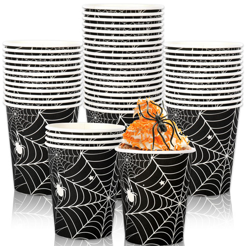 AnyDesign 50Pcs Halloween Paper Cups 9 oz Spider Web Coffee Tea Cups Black White Spider Design Beverage Drinking Cups Disposable Halloween Party Cups for Hot Cold Drinks Halloween Party Supplies