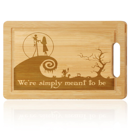 Jouierty Nightmare Bamboo Cutting Board Engraved Jack and Sally Wooden Food Serving Tray Kitchen Chopping Butcher with Handles Juice Groove for Meat Vegetables Cheese Board Housewarming Christmas Gift