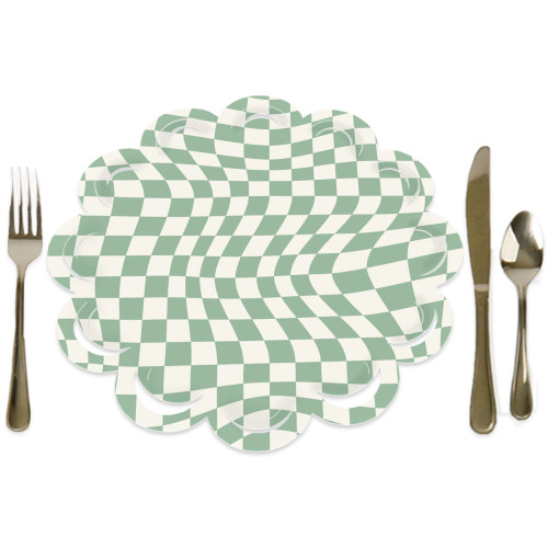 Big Dot of Happiness Sage Green Checkered Party - Round Table Decorations - Paper Chargers - Place Setting For 12