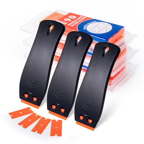 FOSHIO Razor Blade Scraper, 3 Pack Large Scraper Tool with 270PCS Double Edged Razor Blade Plastic Razor Blades, Glass Scraper for Windows, Decals, Tint, Stickers, Labels, Caulk, Adhesive?Black?
