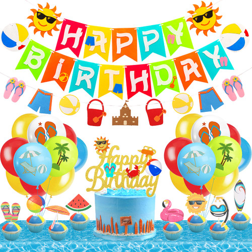 Beach Pool Summer Party Decoration,Hawaiian Aloha Luau Birthday Party Supplies, Beach Banner Garland Cake Cupcake Toppers Tablecloth Summer Balloons for Beach Ball Pool Barbecue Happy Birthday Party