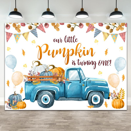 Wollmix Our Little Pumpkin is Turning One Decorations Backdrop Banner for Baby Boy Blue Truck 1st First Birthday Party Photography Background Fall Autumn Supplies Photo Booth Studio Props 7x5ft