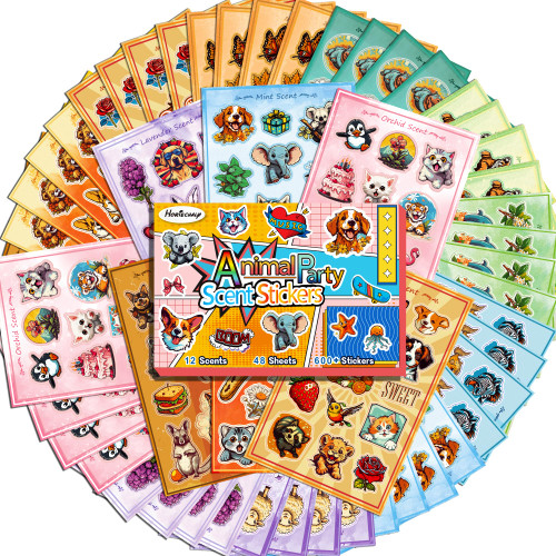 HORIECHALY Scratch and Sniff Stickers, 48 Sheets Animal Theme Scented Stickers, 12 Different Scents Smelly Stickers, 600+ Cartoon Animal Party Stickers for Kids & Teachers & Parents as Reward & Gift