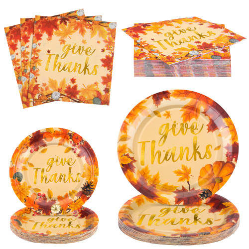durony 98 Pieces Thanksgiving Paper Plates and Napkins Disposable Dinnerware Set for 24 Guests Give Thanks Theme Party Supplies Autumn Tableware for Fall Thanksgiving Party Decorations