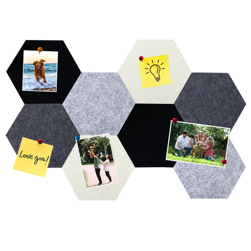 HULAVO 8Pcs Hexagon Felt Cork Board Tiles, Self Adhesive DIY Bulletin Board Pin Board for Office School Home Wall Decor Stickers Memos Photos Display (Gradual Grey)
