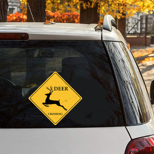 Yelolyio Caution Danger Animal Crossing Deer Vinyl Sticker Deer Crossing Decal Vinyl Peel and Stick Die Cut Decals Bumper Sticker for Windows Car Trucks Laptops 11in