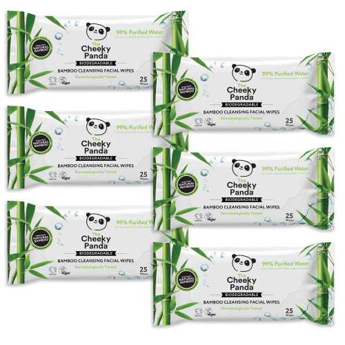 The Cheeky Panda Bamboo Face Cleanser Makeup Remover Wipes | 6 Packs of 25 Face Wipes | 99% Purified Water Wipes | Plant Based & Vegan Wet Wipes | Sustainable Alternative