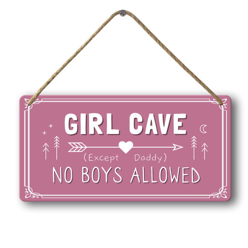 Muroanmi Girl Cave Sign No Boys Allowed Except Daddy, Girls Bedroom Decorations, Hanging Wooden Door Sign for Teen Girl Kids Bedroom Living Room Wall Decor 6X12Inch