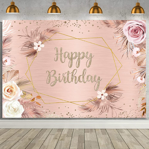 AIBIIN 7x5ft Rose Gold Boho Happy Birthday Backdrop Banner for Women, Pink Pampas Grass Boho Chic Pink Flowers Photo Background, Boho Party Decorations Backdrop Cake Table Banner Supplies Vinyl