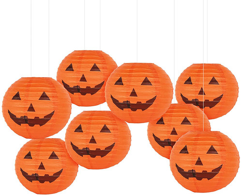 KESOTO 12 Inch Halloween Paper Pumpkin Lanterns Jack-O-Lanterns Hanging Halloween Decorations Outdoor Indoor Halloween Party Decorations, Pack of 8