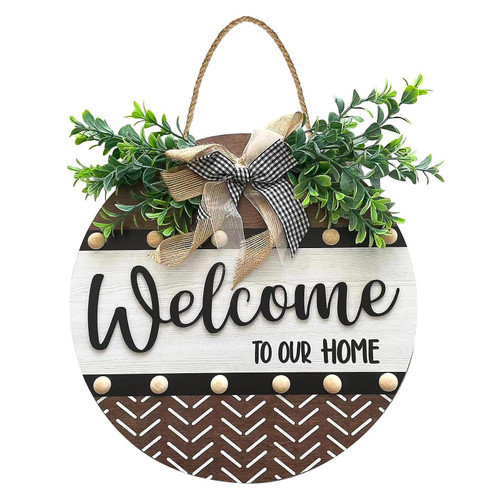 Surfapans Welcome to our Home Sign for Front Door Wall Hanging Round Wood Wreaths Outdoor Signs for Farmhouse Front Porch Decor (Wood)
