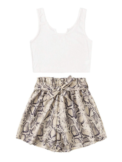 MakeMeChic Women's 2 Piece Outfit Summer Striped V Neck Crop Cami Top with Shorts Snakeskin S