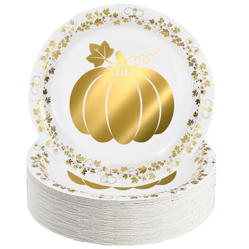peony man 50 Pack Fall Paper Plates Pumpkin Party Plates Gold Foil Thanksgiving Autumn Disposable Dinner Plates for Harvest Holiday Kitchen Dining Party Supplies, 9 Inch