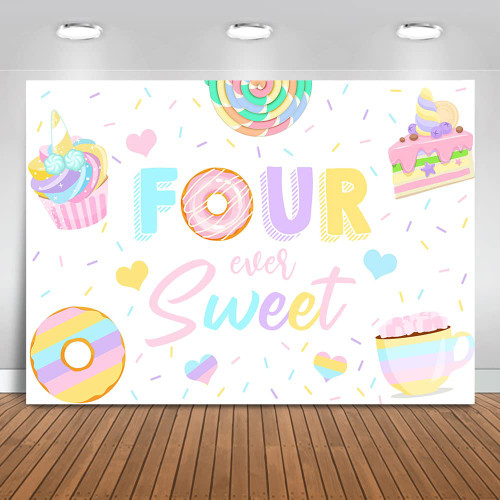 Mocsicka Donut Four Ever Sweet Backdrop Cupcakes 4th Birthday Party Background Donut Sprinkles Girls Fourth Birthday Party Decorations Cake Table Banner Photo Studio Props (7x5ft)