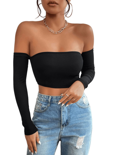 SweatyRocks Women's Long Sleeve Off Shoulder Slim Fit Ribbed Knit Crop Tee Top Black Petite S