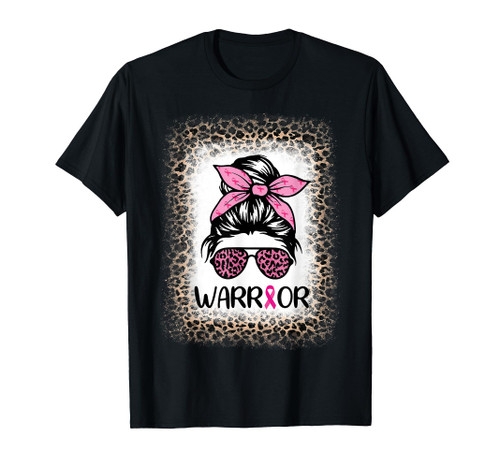 Warrior Breast Cancer Women Messy Bun Bleached Leopard T-Shirt
