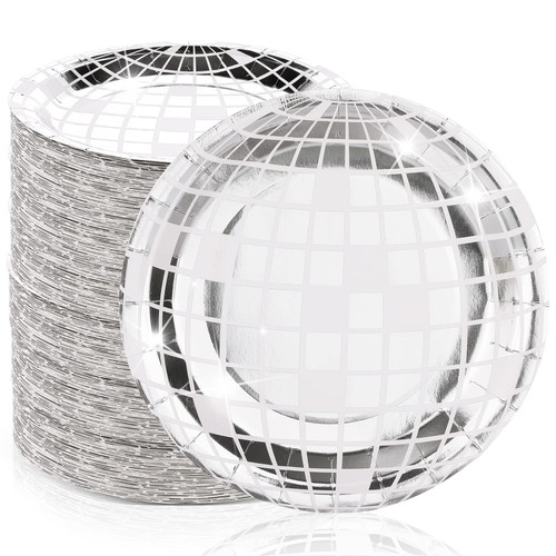 Silver Disco Ball Paper Dinner Plates Disco Paper Plates Disco Plates 70s Disco Party Supplies Bachelorette Plates Disco Party Decorations for Birthday Party, Reunion, 70s Groovy Party (50 Pcs)