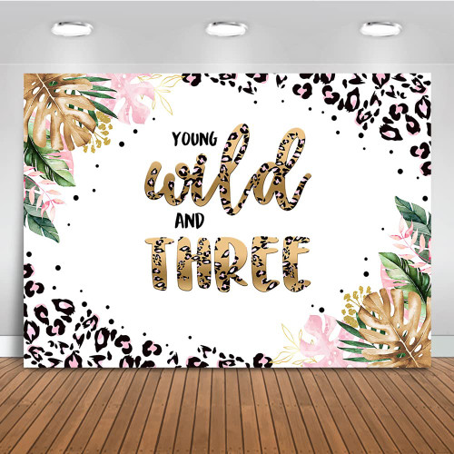 Mocsicka Leopard Young Wild and Three Backdrop Girls Pink Safari Theme 3rd Birthday Party Background Leopard Print Third Birthday Party Cake Table Decoration Banner Photo Booth Props (7x5ft)