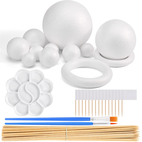 47PCS Solar System Model Foam Ball Kit Includes 10 Sizes Polystyrene Spheres Balls, Bamboo Sticks, Blank Toothpick Flags, Brushes, Paint Tray Palette for School Science Projects