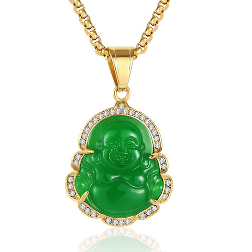 P.BLAKE Green Laughing Buddha Buddah Necklaces For Women Men,Ice Out Buddha Pendant For Men Women with Stainless Steel Chain 24 inches