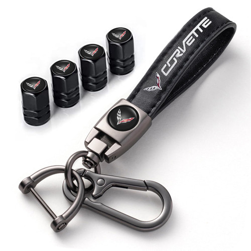 for Corvette Keychain, 4PCS Tire Valve Caps and Car Keyring Combo for Corvette C1 C2 C3 C4 C5 C6 C7 C8 Racing 1LT 2LT 3LT, Auto Accessories, Black