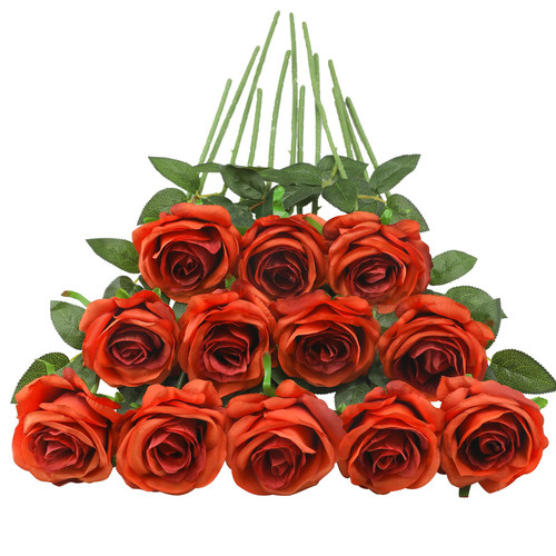 Tifuly Orange Roses Artificial Flowers, 12Pcs Realistic Single Long Stems Fake Silk Rose Bouquet for Party Home Wedding Centerpiece Hotel Office DIY Decor