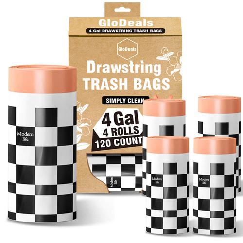Small Trash Bags Garbage Bags, Glodeals 4 Gallon Drawstring Trash Bag,120 Count Extra Strong Small Trash Can Liners for Bathroom Bedroom Office Kitchen, Unscented, Individual Design